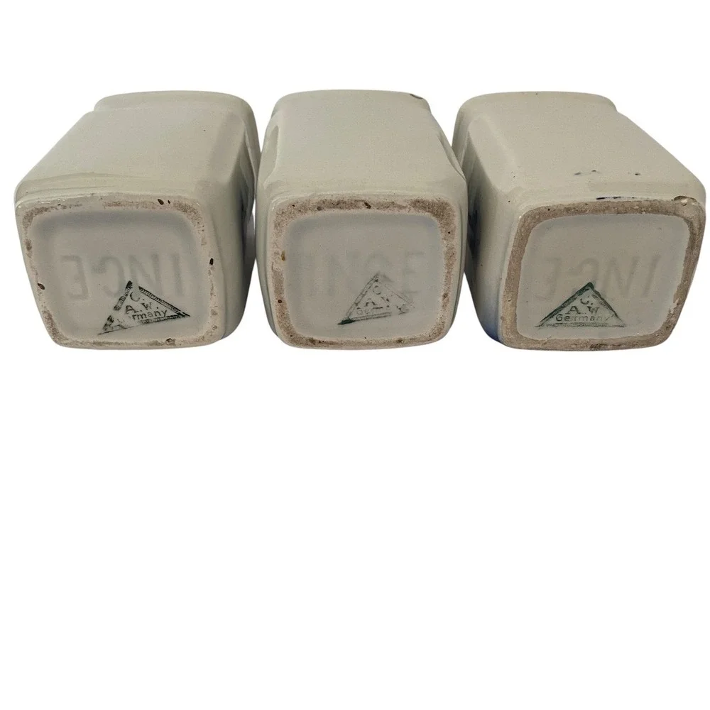 Vintage A.W. Germany Delft Style Blue White Ceramic Spice Jars Set of 3 Windmill